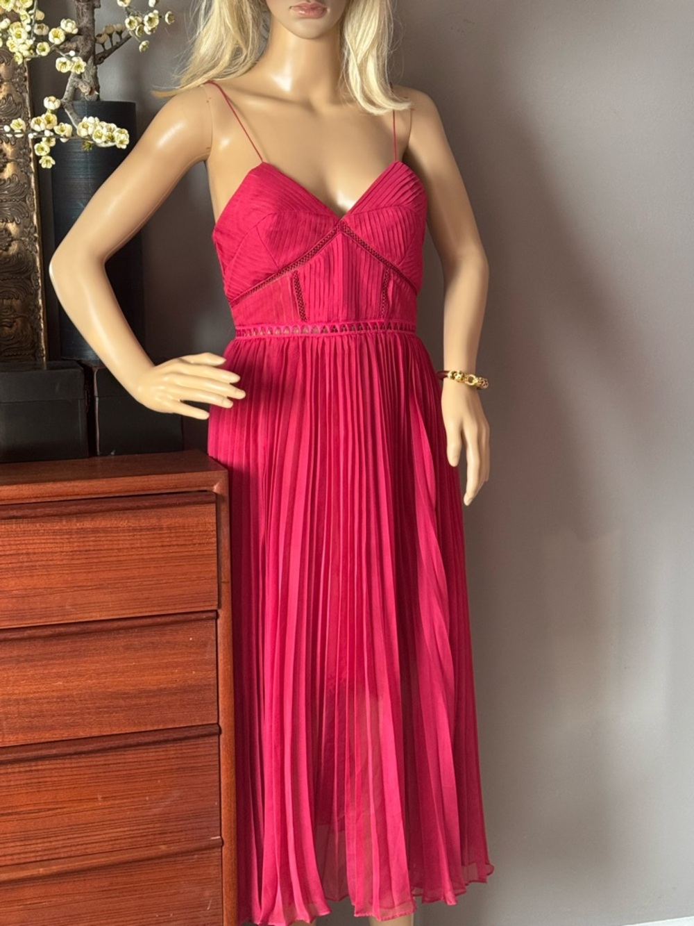Self-Portrait Fuchsia Pleated Spaghetti-Strap Midi Dress